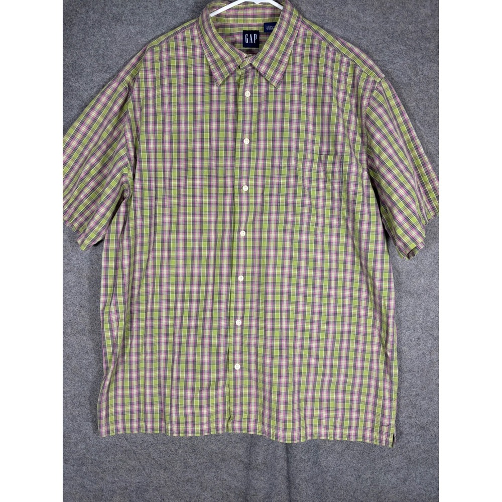 VTG Gap Mens XXL Green Purple Plaid Cotton Short Sleeve Button Down Shirt